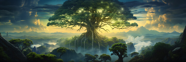 the world tree yggdrasil - old norse world ash, tree of life - obrazy, fototapety, plakaty