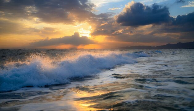 the moment of launching sea waves at sunset. Emphasize the play of light on the water, showcasing the hues of the sky reflected in the waves to evoke a sense of serenity and awe.