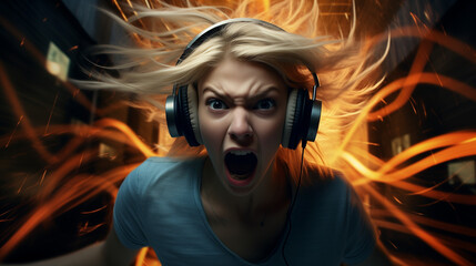 Fototapeta na wymiar Aggressively Screaming Girl with Headphones, Surrounded by Flashing Lights in the Background, Evoking a Mood of Intensity and Chaos, Perfect for Music Album Covers, Concert Posters, or Edgy Visuals