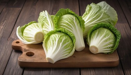 Pieces of Chinese cabbage. On a wooden background - obrazy, fototapety, plakaty