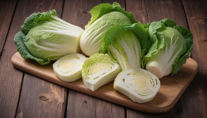 Pieces of Chinese cabbage. On a wooden background