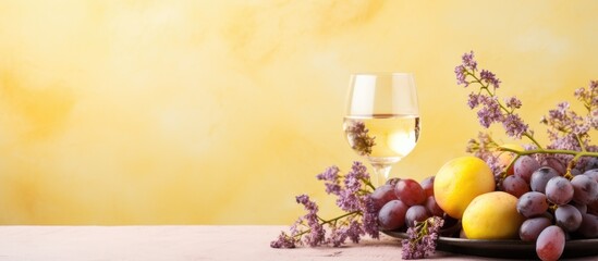 White wine glass with grapes and lilac flowers on yellow background. Jewish Passover concept.