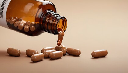 Pills pouring out of the brown bottle - obrazy, fototapety, plakaty