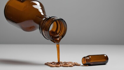 Pills pouring out of the brown bottle - obrazy, fototapety, plakaty
