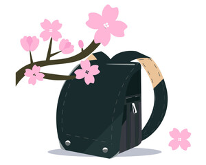 黒色のランドセルと桜。4月の新学期。小学校の入学式。ベクターイラスト