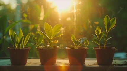 Potted plants basking in the golden sunset light - obrazy, fototapety, plakaty