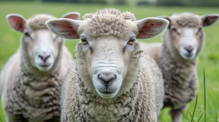 Fototapeta premium Curious sheep flock focusing on the camera in a field