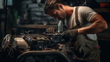 Auto mechanic working on car engine in mechanics garage. Repair service. authentic close-up shot - obrazy, fototapety, plakaty