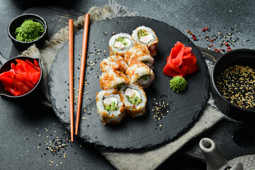 Roll with shrimp, cucumber and avocado. Sushi menu. Japanese food.