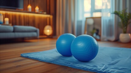 Blue exercise balls on a mat in a cozy home interior