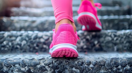 Fitness enthusiast taking a brisk walk in pink sneakers - obrazy, fototapety, plakaty