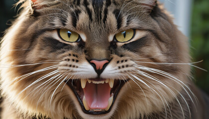 Angry cat face showing its fangs - obrazy, fototapety, plakaty