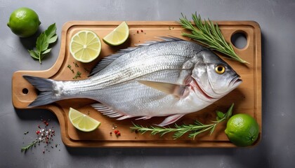 Raw fresh organic dorado or sea bream fish on wooden board with herbs and lime. Gray background