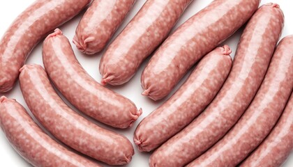Raw sausages from pork and beef meat Isolated on white background - obrazy, fototapety, plakaty