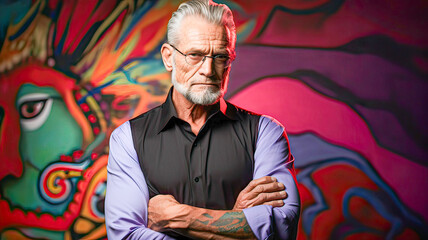 Obraz premium Serious middle-aged man gray hair beard, elegant black and purple shirt glasses, abstract background