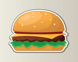 Illustration of colorful fast food sticker. This illustration captures the essence of a mouth-watering burger on a clean soft background in a playful cartoon design. Vector illustration.