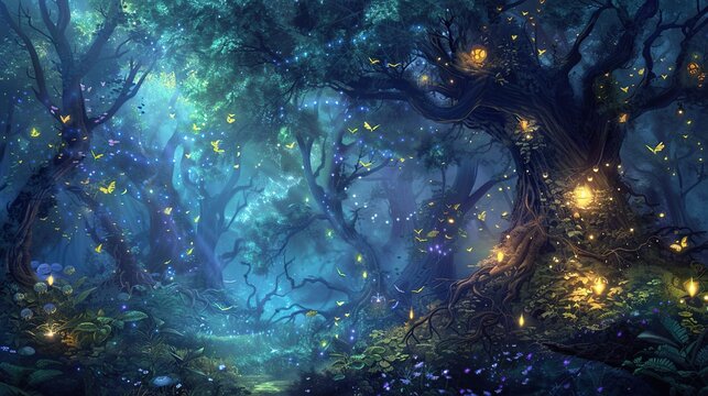 A forest with glowing trees and butterflies
