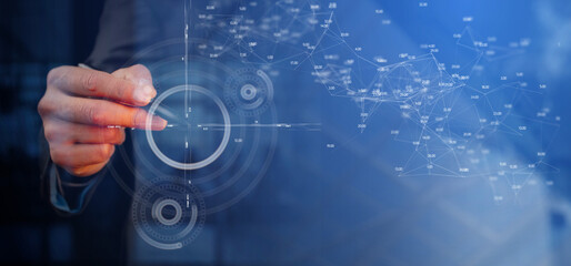 Cg tech collage. A hand with a light pencil points to graphs and charts on a background of a polygonal network with numbers. Concept of scientific research in the field of AI