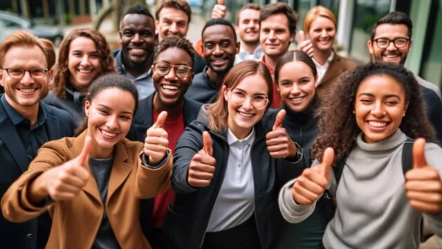 Very happy employees give a thumbs up recommending the company's good quality services. Smiling coworkers from different nationalities celebrate success or victory.
