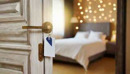 Detalle cerca puerta abierta, fondo bokeh, manilla con tarjeta. al fondo se ve una habitación con una cama de hotel - obrazy, fototapety, plakaty