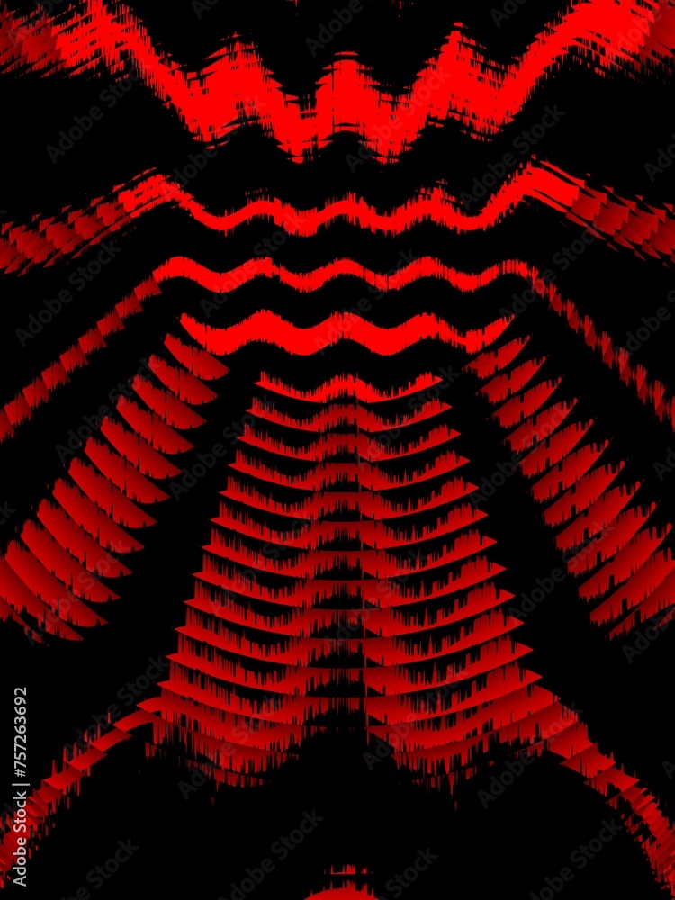 Poster vivid red similar but different wavy horizontal lines on plain black background in concentric style