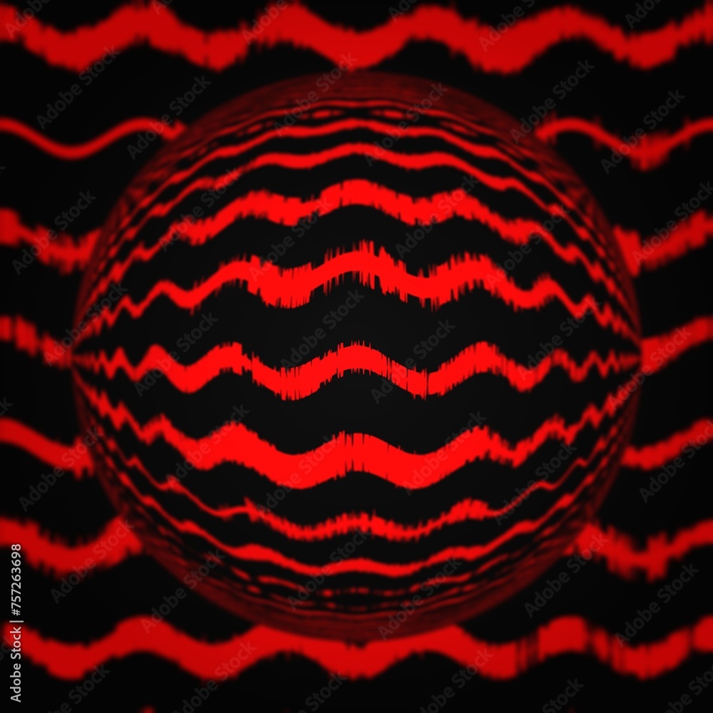 Poster vivid red similar but different wavy horizontal lines on plain black background refraction from clea