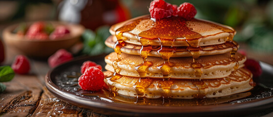 Thick pancakes with golden syrup and raspberries pouring and bubbling from above. Horizontal banner...
