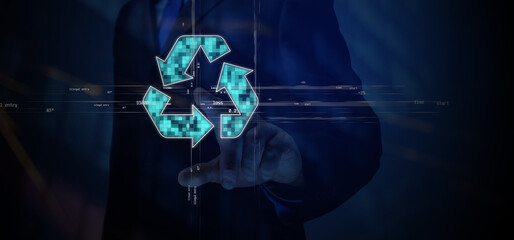 Cg tech collage. A businessman touches with his index finger a point on the screen where the waste recycling symbol and a pie chart with numbers and words on perpendicular rays are located - obrazy, fototapety, plakaty