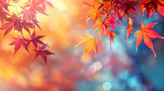 Red and yellow maple leaves with soft focus light and bokeh background web banner design