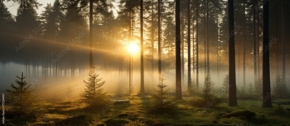 Poster the sunlight filters through the trees in the misty forest, creating a magical atmosphere in the nat