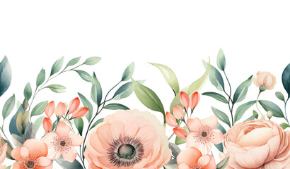 Watercolor flowers seamless border with colorful leaves branches wildflowers illustration elements - 757264005