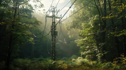 Distribution line pole and transformer concept of traditional grid power supply - obrazy, fototapety, plakaty