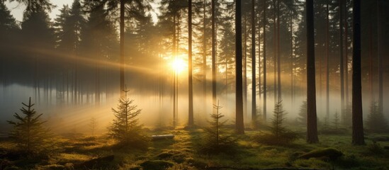 The sunlight filters through the trees in the misty forest, creating a magical atmosphere in the natural landscape