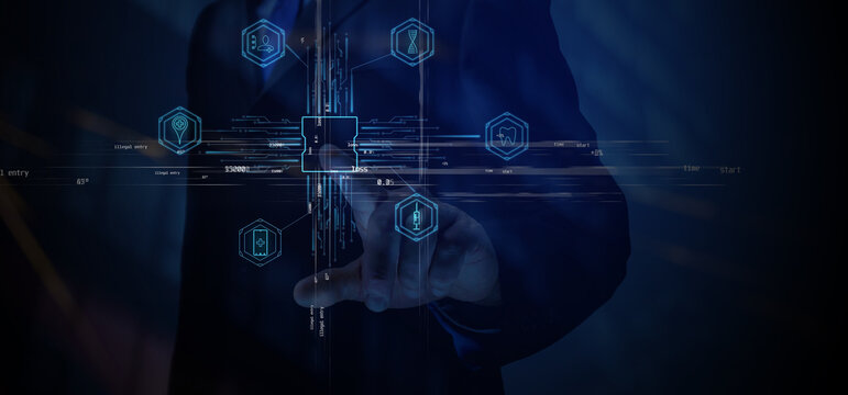 Cg tech collage. A businessman touches with his index finger a point on the screen where the graphics symbols and diagrams of the work of AI databases in the field of medicine are located