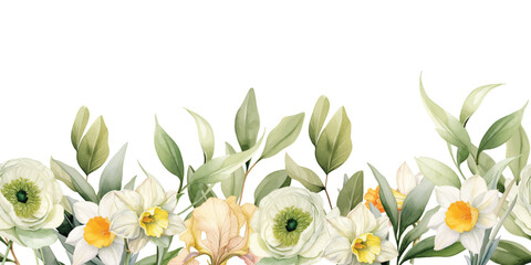 Watercolor flowers seamless border with colorful leaves branches wildflowers illustration elements - 757264214