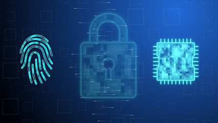 Cg tech collage. A digital fingerprint and an AI microchip between which rays of information move against the backdrop of a lock on a blue background. The concept of protecting personal biometric data