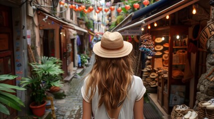 Young woman exploring a quaint European alley