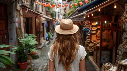 Cercles muraux Ruelle étroite Young woman exploring a quaint European alley