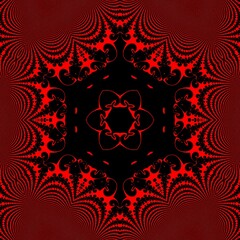 hexagonal floral fantasy symmetric pattern and kaleidoscopic design red on black