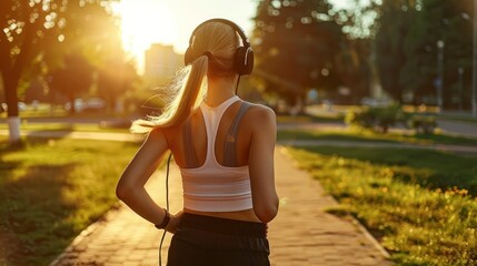 The Serene Jog of a Girl in Headphones Through the Park at Sunset