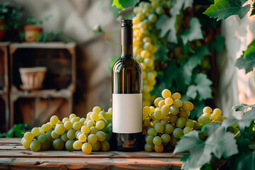 Fototapeta premium A bottle of wine on a background of grapes. Mockup.