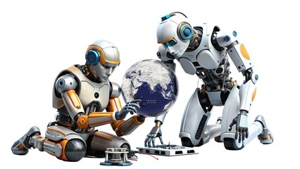 artificial intelligence and robots control people on the planet, full control of the planet, concept, on a white background