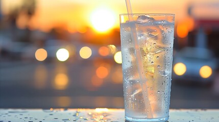 Refreshing cold drink in glass against sunset backdrop