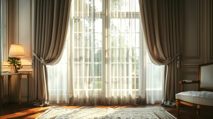 A Closer Look at the Sophisticated Interior of a Room with Grand Windows and Flowing Curtains