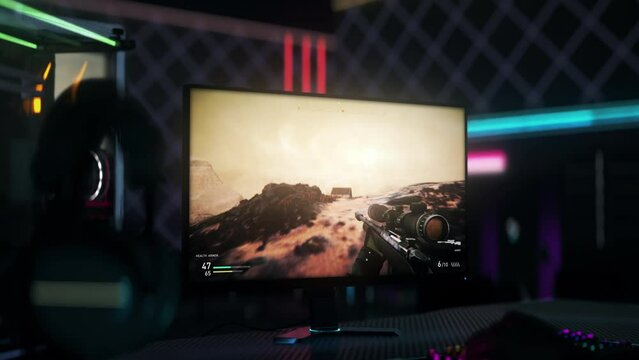 Winning the internet tournament match of the combat simulator digital game. Winning the round of an internet battle simulator game. Killing the enemy targets and winning a simulator game round