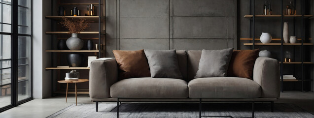 A detailed view of a grey sofa with a brown pillow against a concrete wall with shelves, defining the stylish and minimalist loft home interior design in a modern living room. - obrazy, fototapety, plakaty