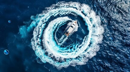 Capturing the Motorboat's Creation of a Circular Symphony of Waves and Bubbles on the Blue Sea