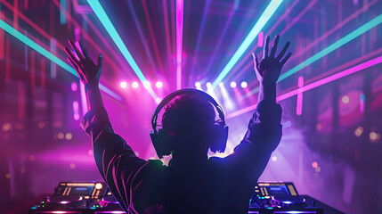 Fototapeta na wymiar DJ with Hands up in a Nightclub with Lasers, Generative Ai
