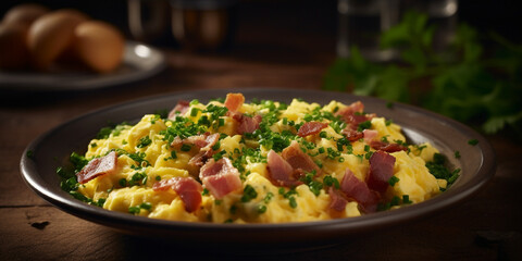Scrambled eggs with bacon and parsley