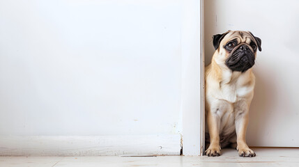 Dog Pug breed waiting owner at the door and looking, Generative Ai